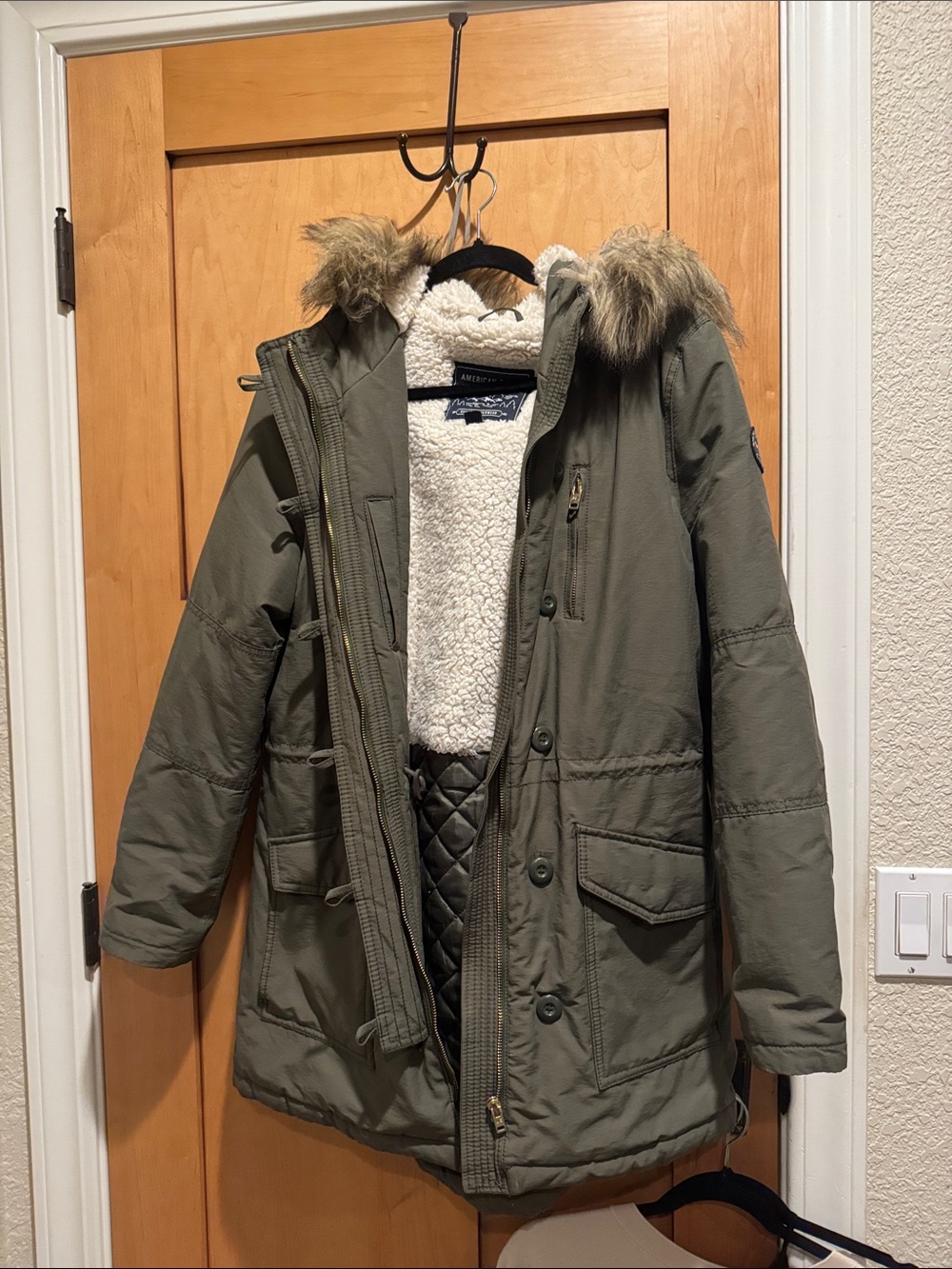 American Eagle Olive Sherpa-Lined Parka Jacket with Faux Fur Trim